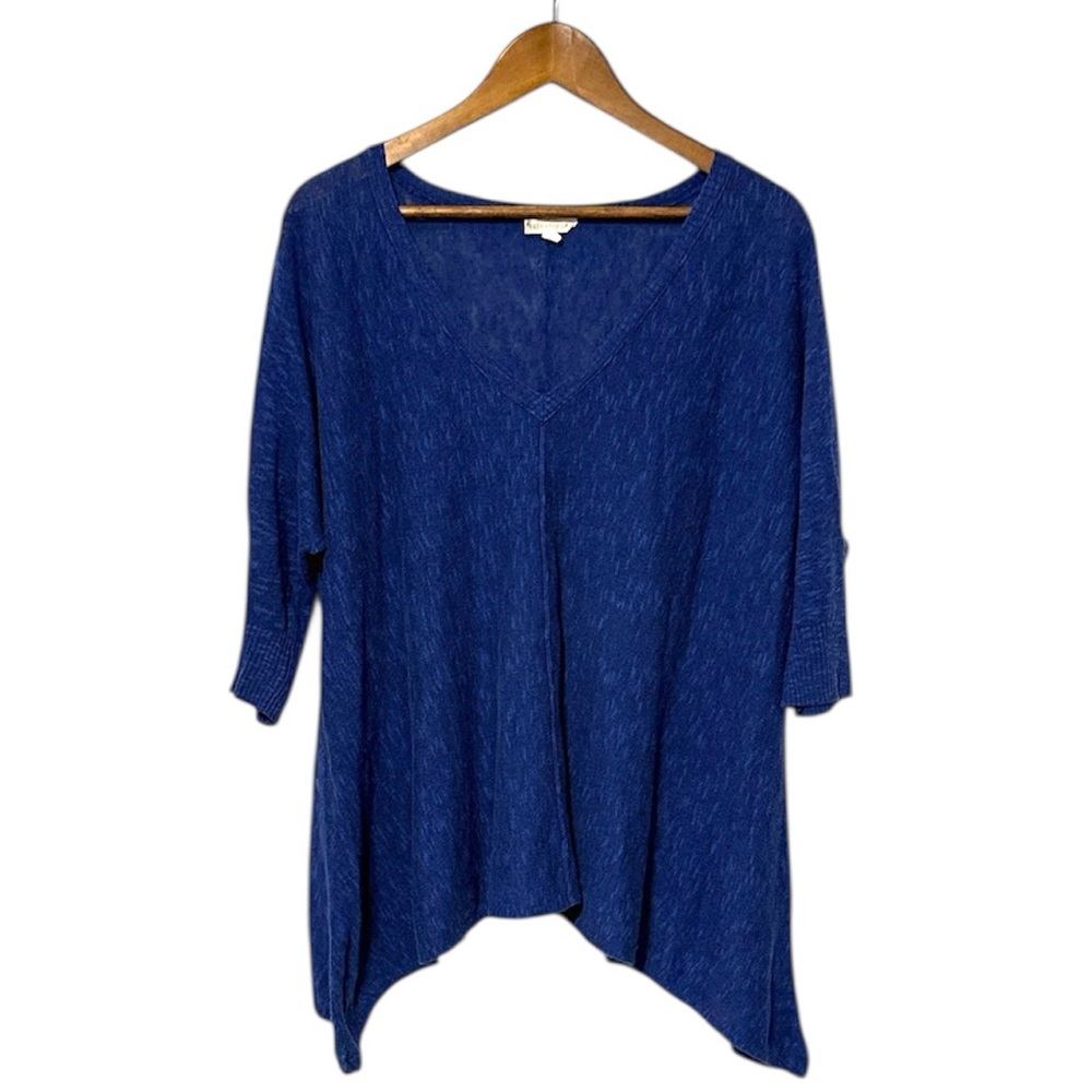 Eileen Fisher Linen Cotton Blend Tunic V Neck 3/4 Sleeve Blue Lagenlook Boho L